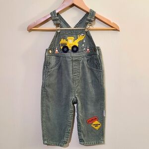 Vintage Vitamins Kids Construction Truck Corduroy Overalls Sage Olive Green 18M